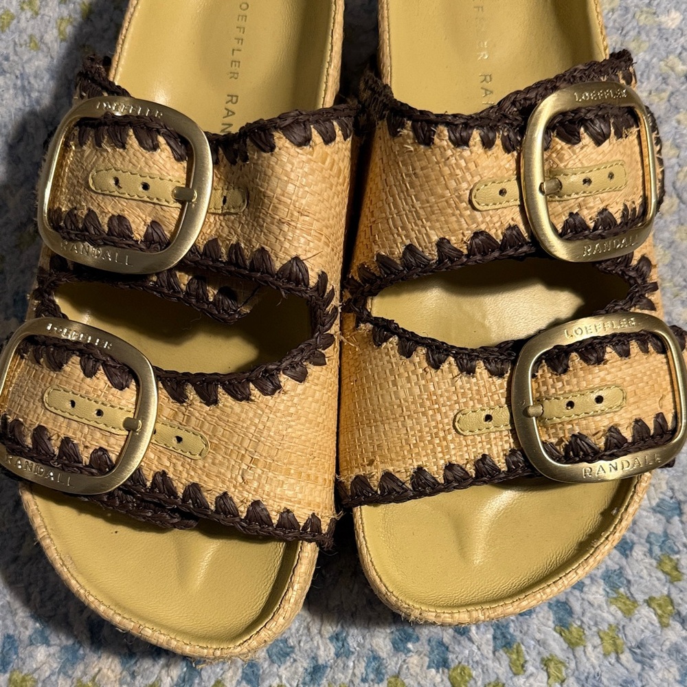 Loeffler Randall Tan and Brown Double-Buckle Raffia Slide Sandals